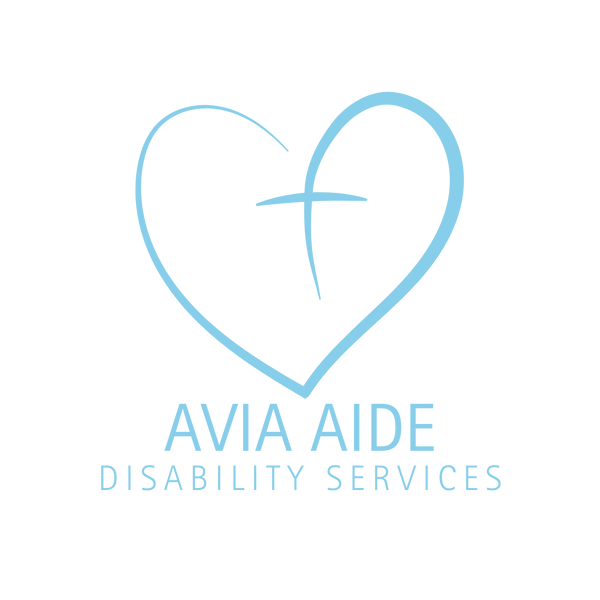 Avia Aide Logo (Blue) the logo is a heart shape with a cross at the centre, with Avia Aide Disability Services written below.